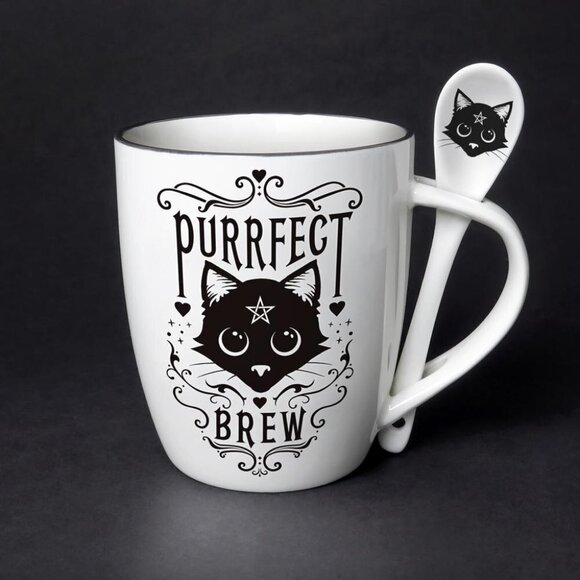 New! Alchemy of England (Alchemy Gothic) Purrfect Brew Cup & Spoon Set - Picture 1 of 4